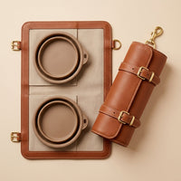 The Voyager leather feeding case rolled and unrolled side by side showing brass clip and bowls