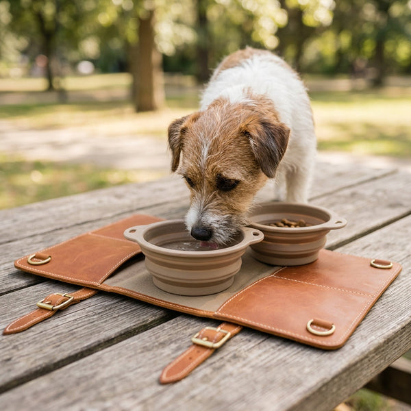 Dog drinking water from The Voyager leather travel feeding set outdoors on a picnic table