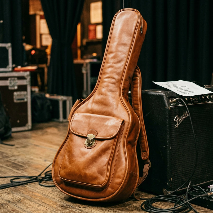 Maestro gig bag leather texture detail showing natural grain and patina, customisation available