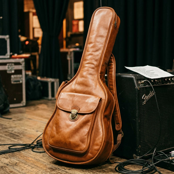 Maestro gig bag leather texture detail showing natural grain and patina, customisation available