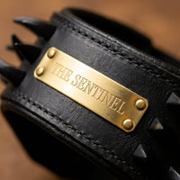 Engraved name plate detail on The Sentinel personalised leather dog collar