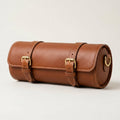 The Voyager rolled leather travel feeding case for dogs and cats, hero shot with brass buckles