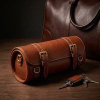 The Voyager leather feeding case top down view with both collapsible bowls nested in leather pockets