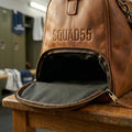 Separate shoe compartment on The Match Point leather tennis duffle bag