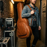 The Stagehand pull-up leather electric guitar gig bag, front view, gift for guitarist
