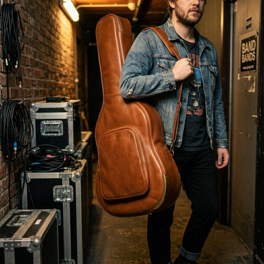 The Stagehand pull-up leather electric guitar gig bag, front view, gift for guitarist