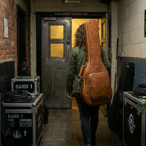 Stagehand leather gig bag additional view, one-of-a-kind gift for guitarist with custom monogram option