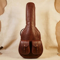 The Troubadour Chestnut pull-up leather guitar gig bag, front view, gift for guitarist