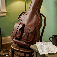 Troubadour Chestnut gig bag dual exterior pouch detail, customisation available for personalised embossing