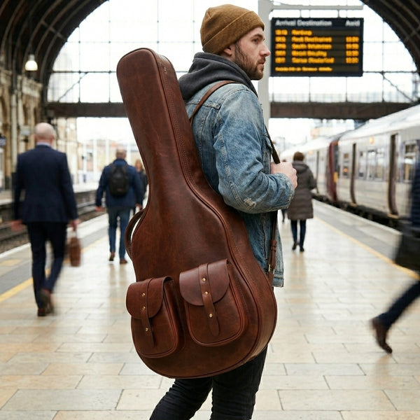Troubadour Chestnut guitar gig bag additional detail view, handmade leather gift for mom or gift for dad