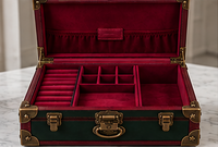 The Heirloom Christmas box open, showing the ring bed and jewelry compartments