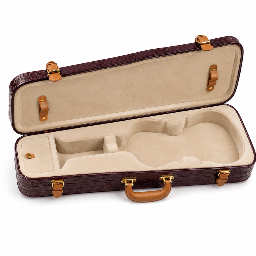 Elatheria Cadenza custom leather violin hard case open, showing the beige velvet interior and contoured violin bed