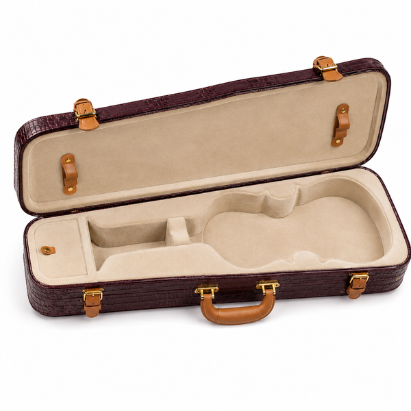Elatheria Cadenza custom leather violin hard case open, showing the beige velvet interior and contoured violin bed