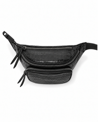 Top view of the black crocodile-embossed leather sling bag showing zipped compartments and leather zipper tails
