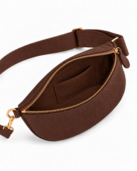 Coffee Brown leather sling bag shown from above with the zipper open and leather strap visible.