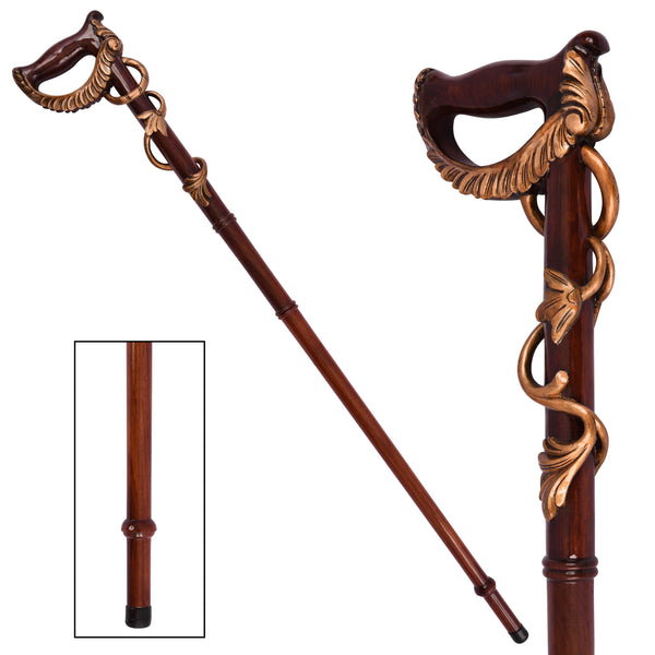 The Ivy hand-carved wooden folding walking cane with loop handle and copper-tone vine detailing, full length and handle close-up