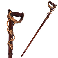 The Ivy wooden walking cane from two angles, with copper-tone vine wrapping the shaft
