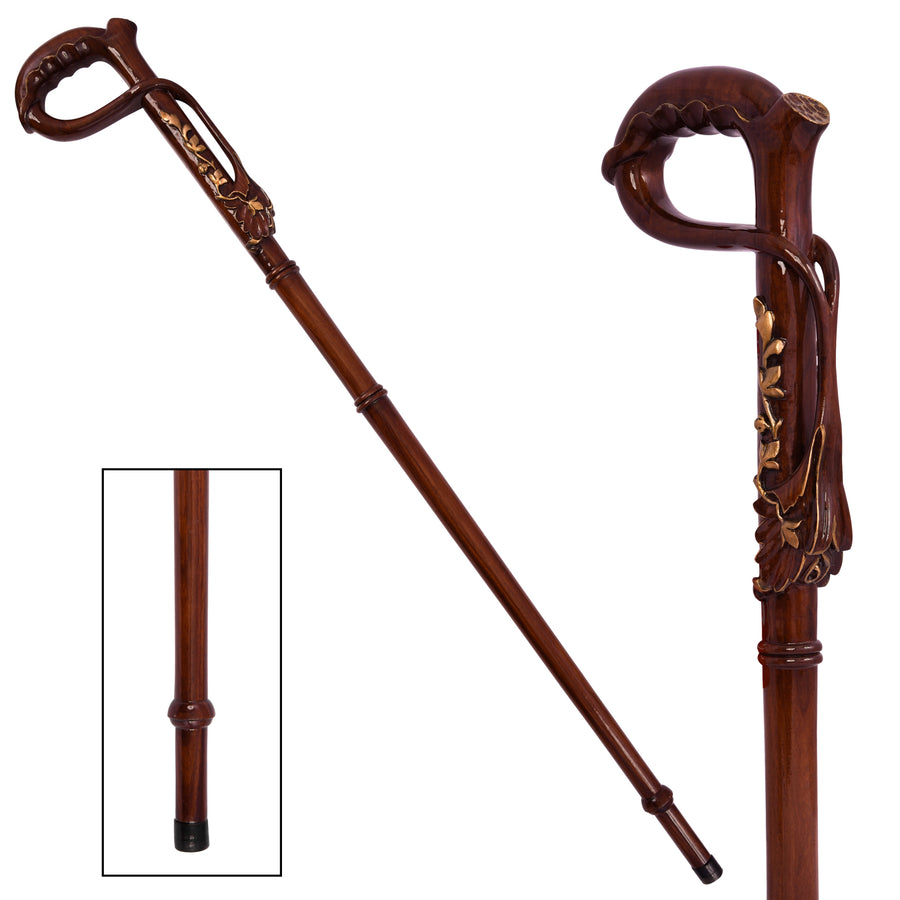 The Laurel hand-carved wooden foldable walking cane with loop handle and gold floral leaf detailing, full length and handle close-up