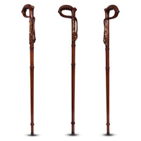 The Laurel walking cane standing upright, shown from three angles