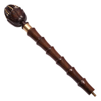 The Lotus hand-carved wooden walking cane top section with lotus-bud knob handle, gold-tone beading and brass ring