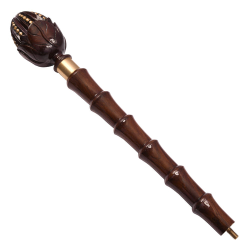 The Lotus hand-carved wooden walking cane top section with lotus-bud knob handle, gold-tone beading and brass ring