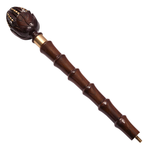 The Lotus hand-carved wooden walking cane top section with lotus-bud knob handle, gold-tone beading and brass ring