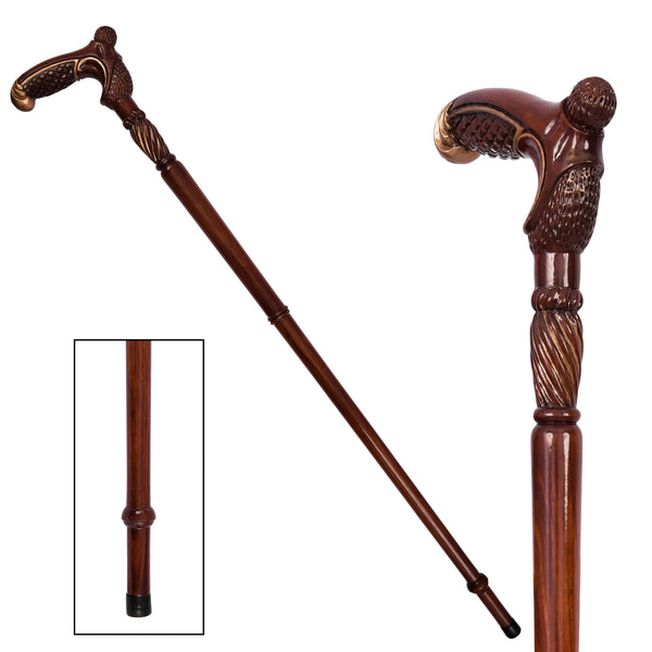 The Plume hand-carved wooden folding derby walking cane with feather-carved handle, full length and handle close-up