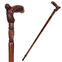 The Plume derby handle close-up beside the full-length walking cane