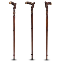 The Plume walking cane standing upright, shown from three angles