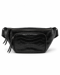 Front view of the black crocodile-embossed leather belt bag with long leather zipper tails