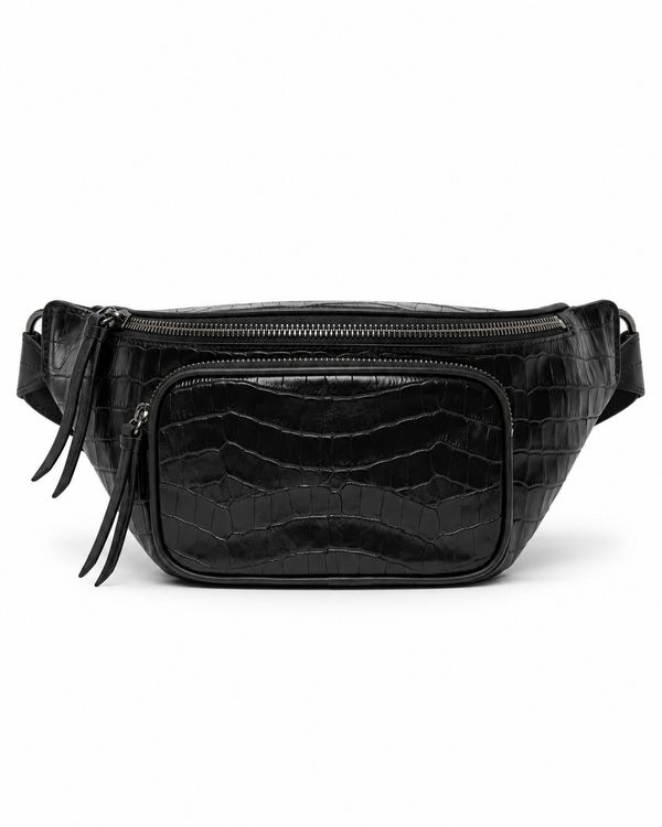 Front view of the black crocodile-embossed leather belt bag with long leather zipper tails